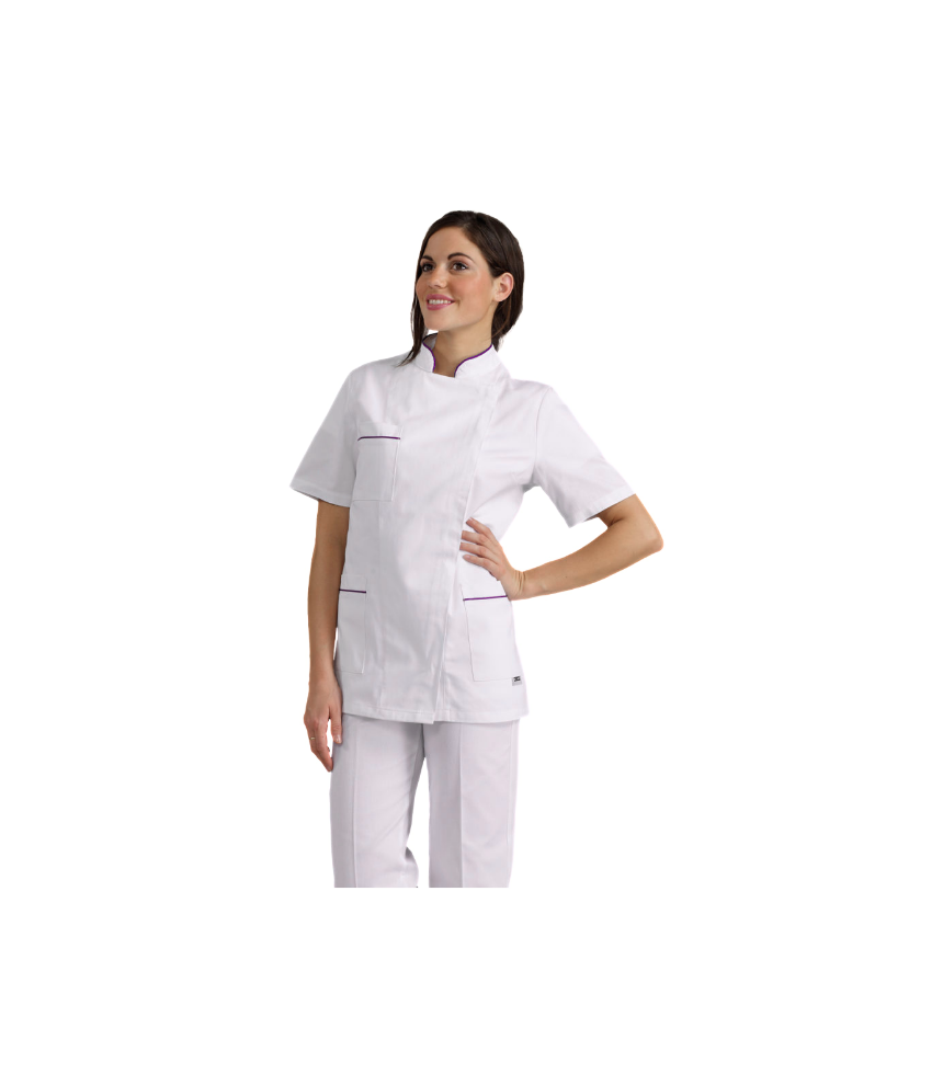 Casacca medicale mezza manica donna 100% cotone con profilo lilla 