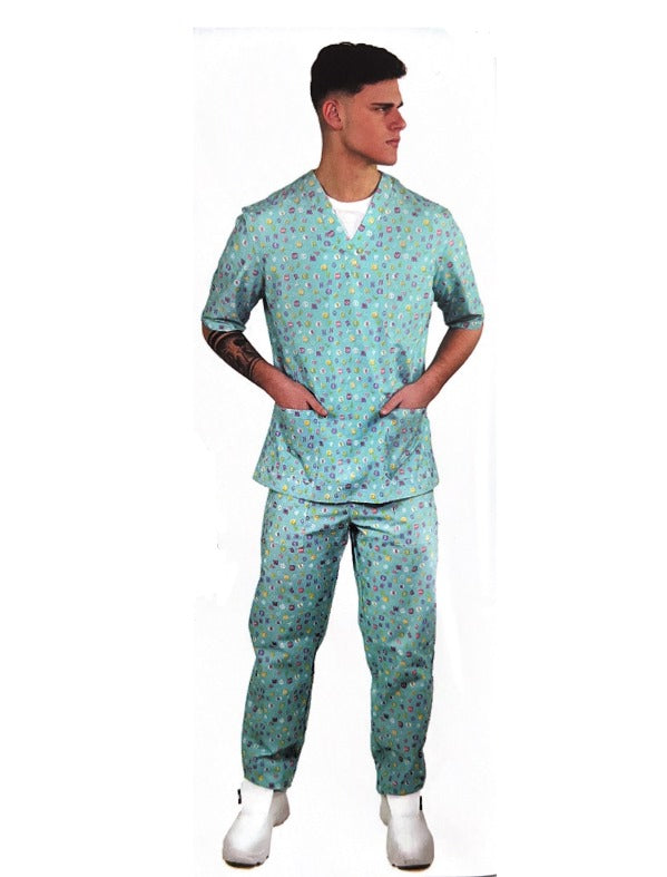 Completo medicale casacca e pantalone unisex fantasia acqua marina