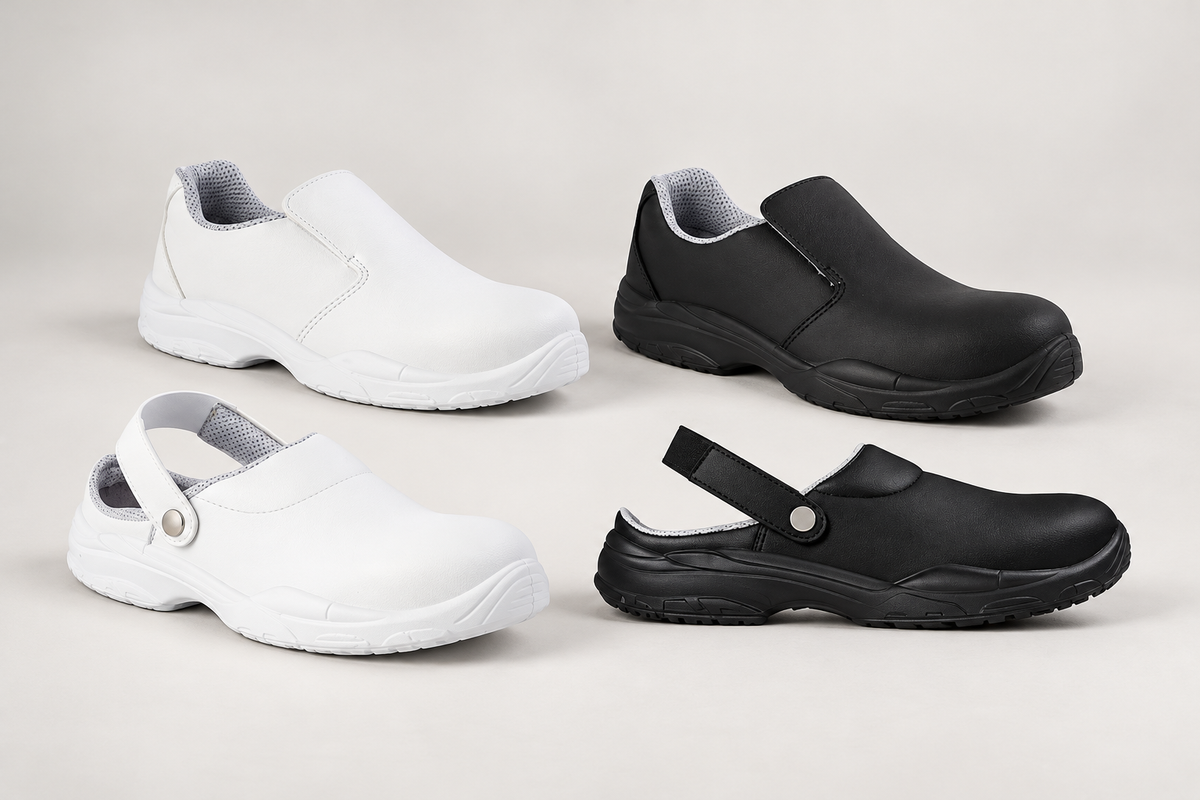 Scarpe chiuse e zoccoli da lavoro bianchi e neri per cucina