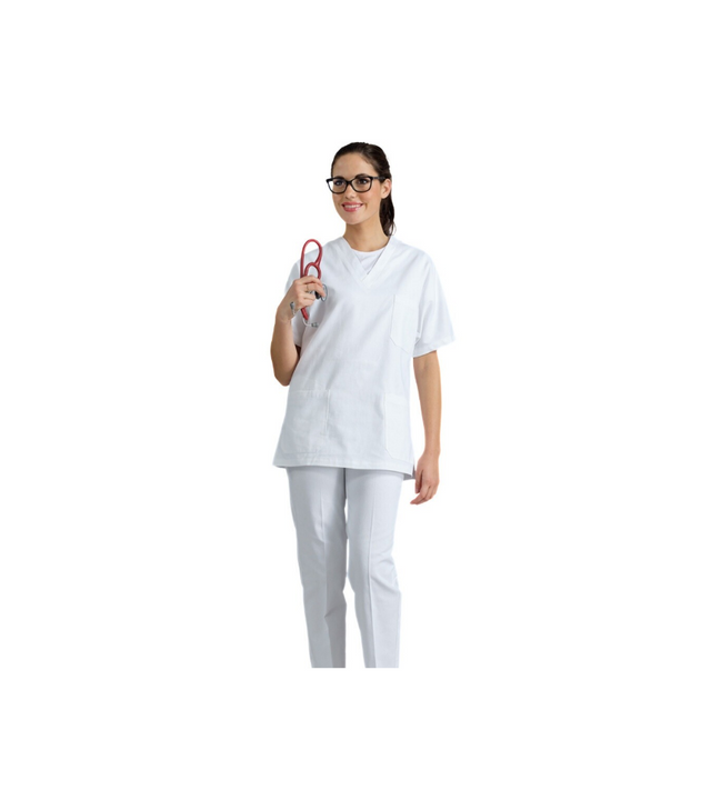 Completo ospedaliero unisex bianco per OSS – 100% cotone