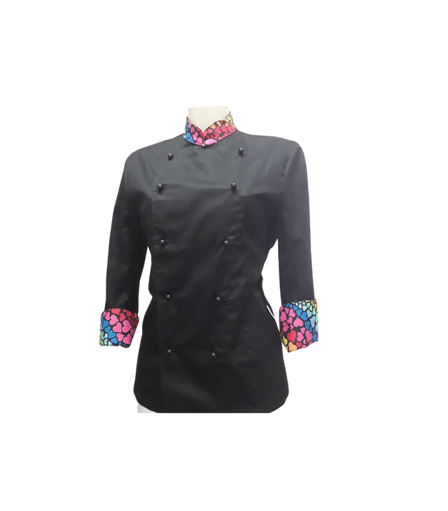 Giacca cuoco donna con cuoricini – bianca o nera, 100% cotone